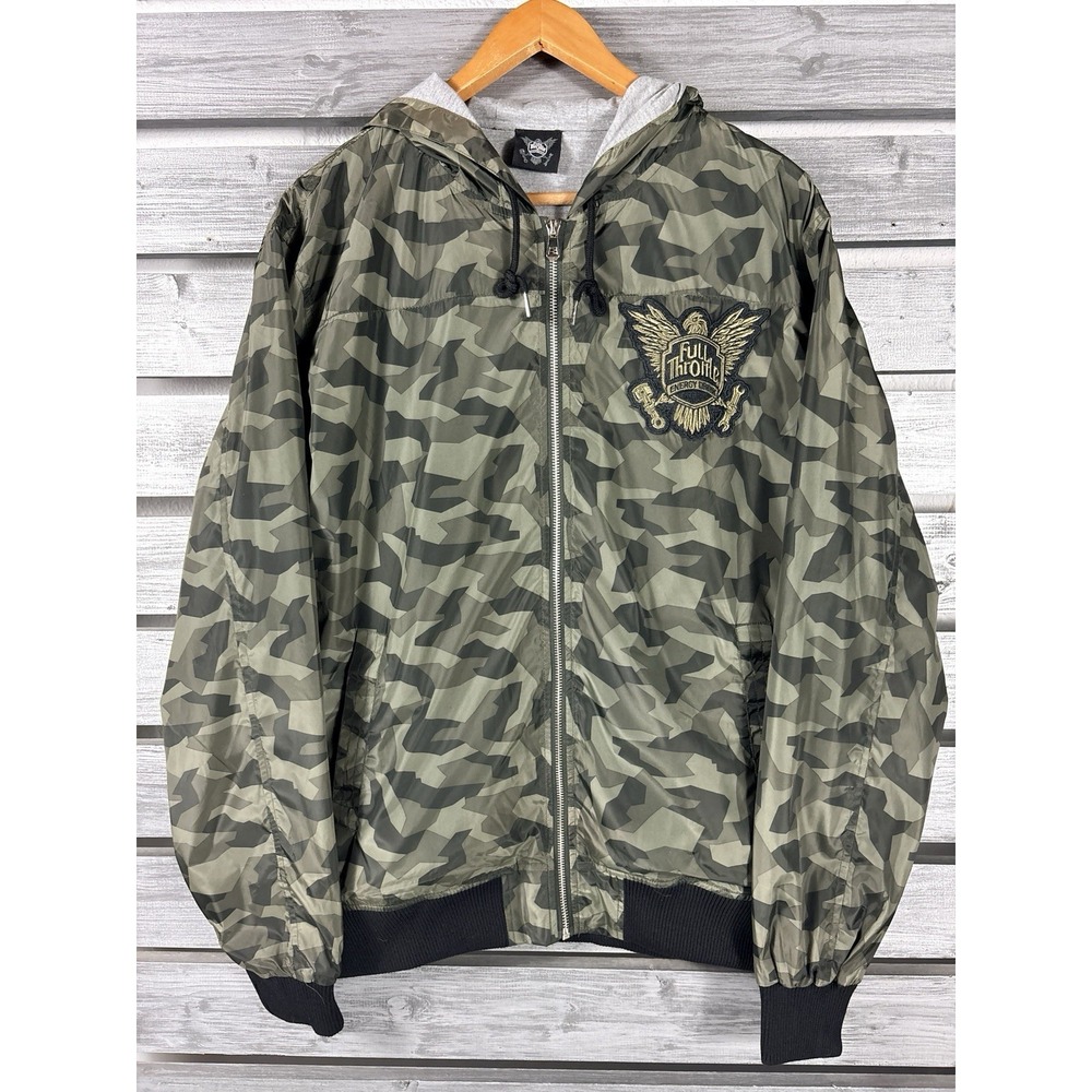 Full Throttle Energy Drink Jacket Mens L Green Camo Zip Up Hooded NICE